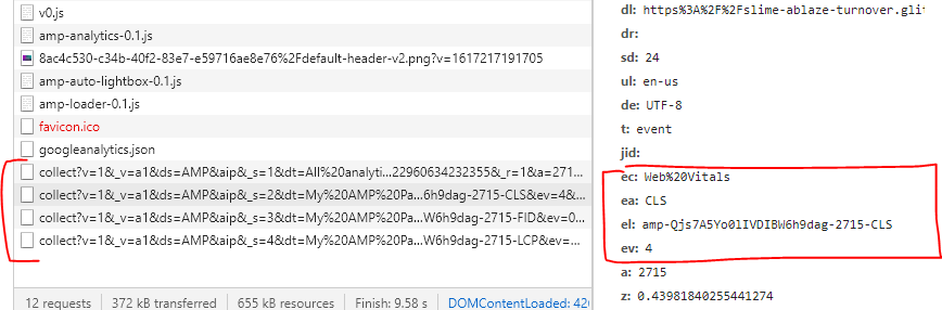 Google analytics event requests for Core Web Vitals